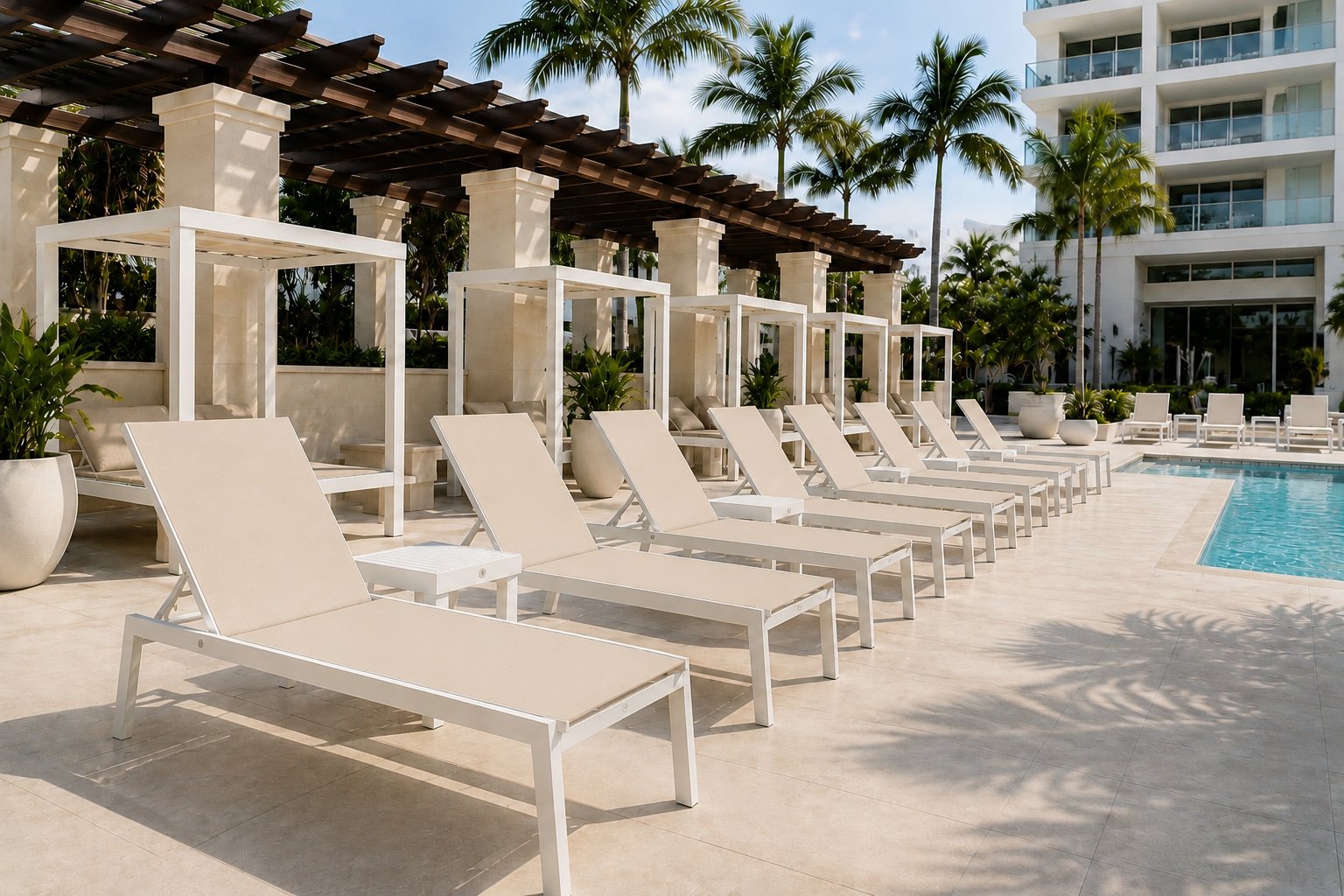 Luxury outdoor patio with chaise lounges
